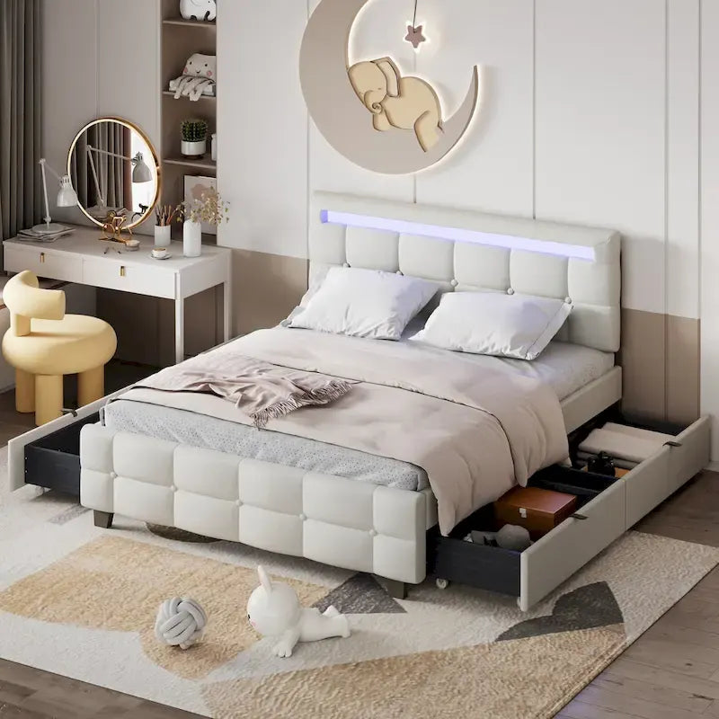 Lit plateforme capitonné avec cadre LED et 4 tiroirs, tissu en lin