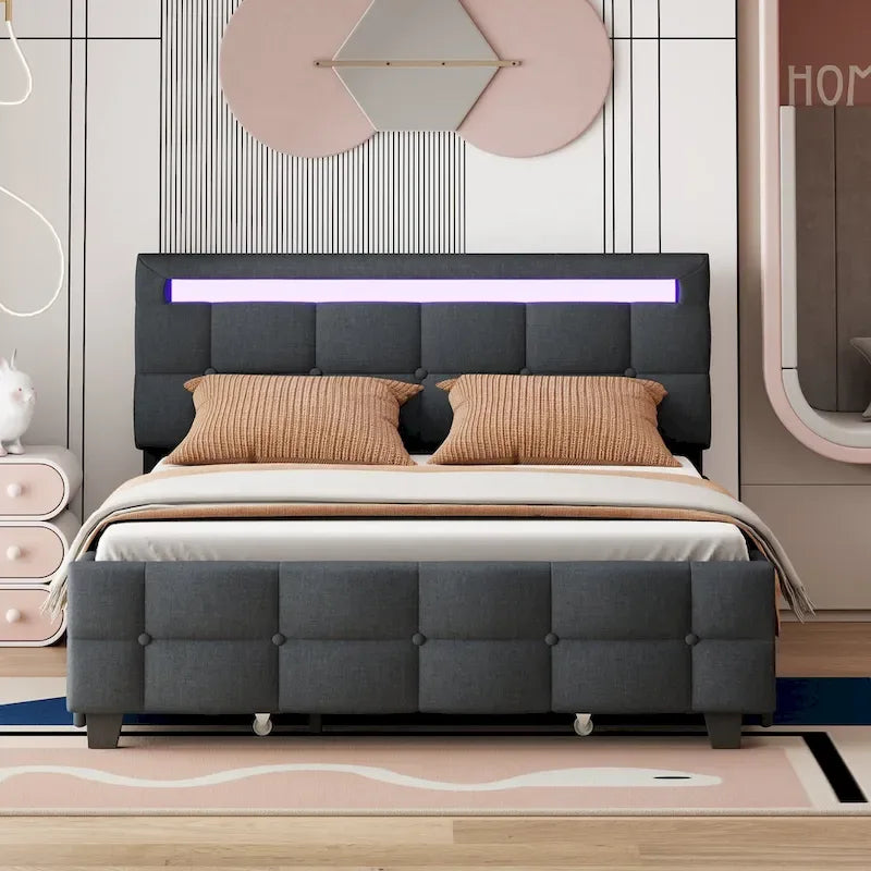 Lit plateforme capitonné avec cadre LED et 4 tiroirs, tissu en lin