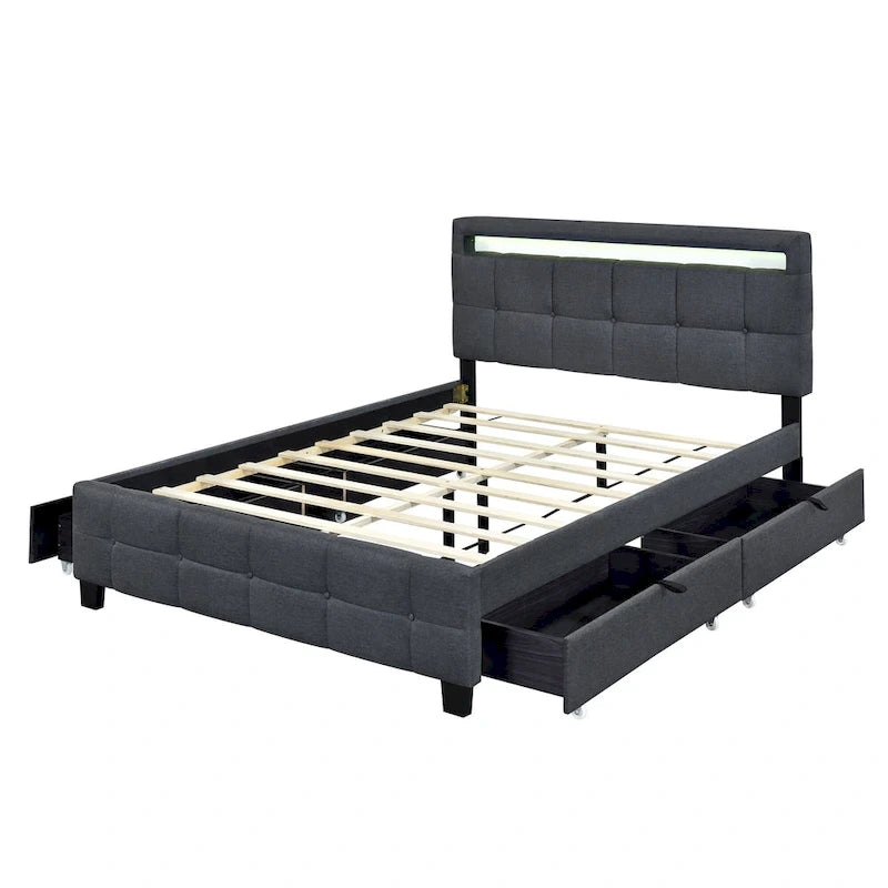 Lit plateforme capitonné avec cadre LED et 4 tiroirs, tissu en lin