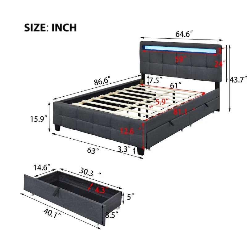 Lit plateforme capitonné avec cadre LED et 4 tiroirs, tissu en lin