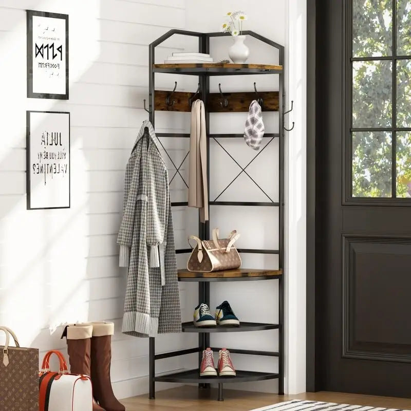 Vestiaire d'angle avec étagères, porte-manteau avec 6 crochets doubles, organisateur pour entrée, couloir, placard, chambre