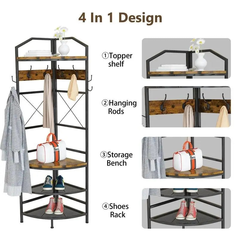 Vestiaire d'angle avec étagères, porte-manteau avec 6 crochets doubles, organisateur pour entrée, couloir, placard, chambre