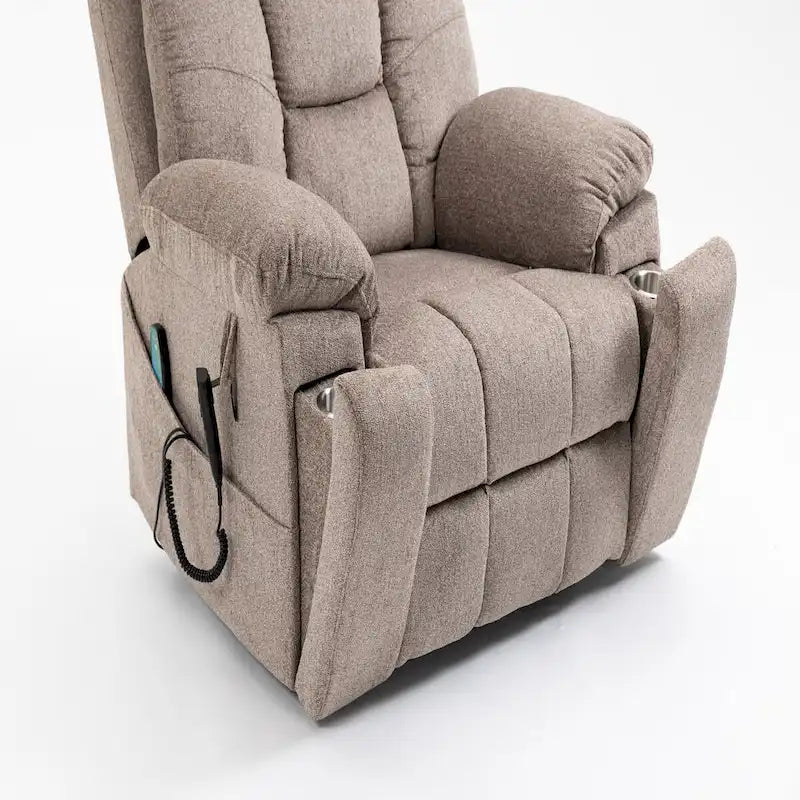 Fauteuil inclinable releveur électrique de massage et chauffant, double motorisation, inclinable électrique avec porte-gobelets et poches latérales, 180 kg