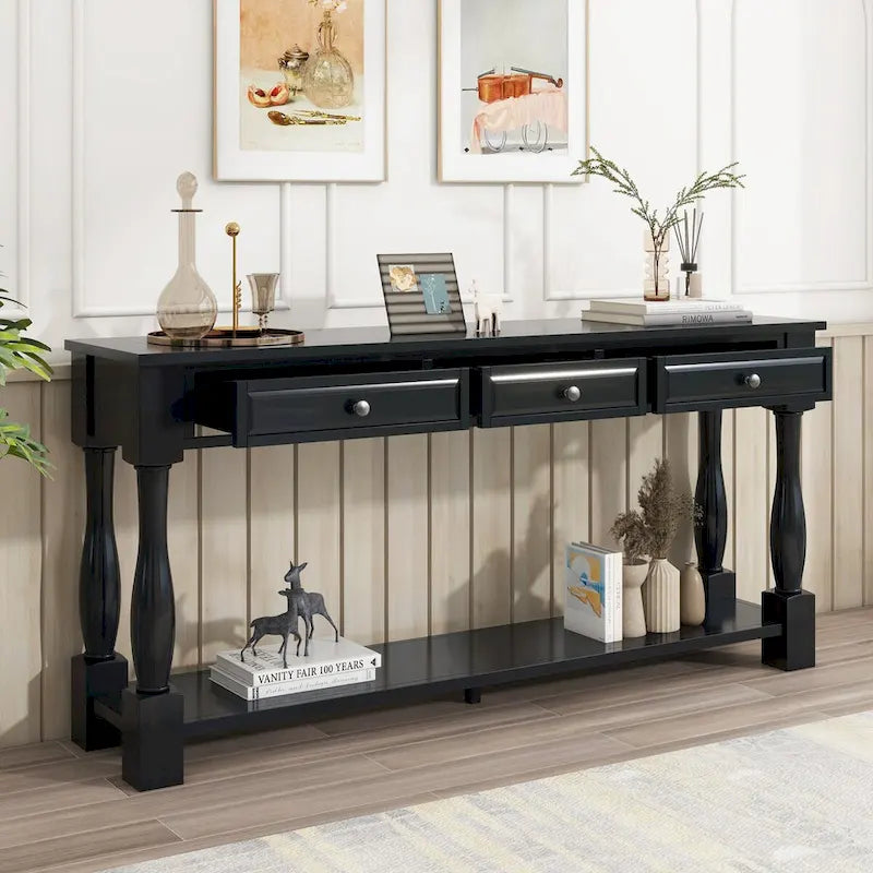 Table console de 63 pouces, longue table de canapé avec tiroirs et étagère, table d'entrée de style campagnard français