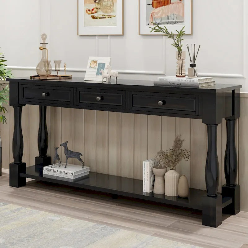 Table console de 63 pouces, longue table de canapé avec tiroirs et étagère, table d'entrée de style campagnard français