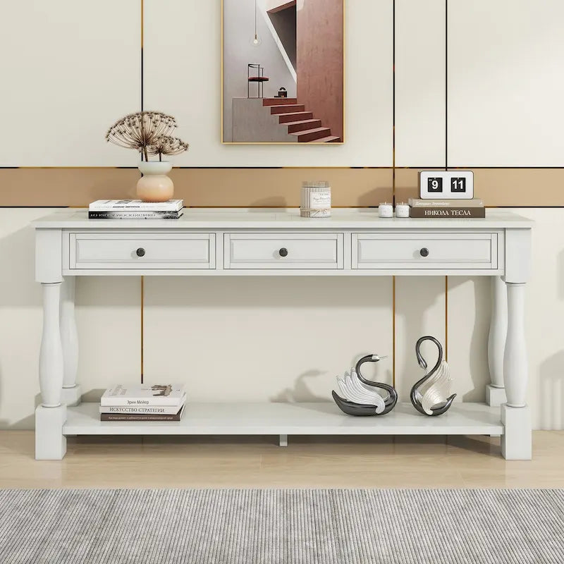 Table console de 63 pouces, longue table de canapé avec tiroirs et étagère, table d'entrée de style campagnard français