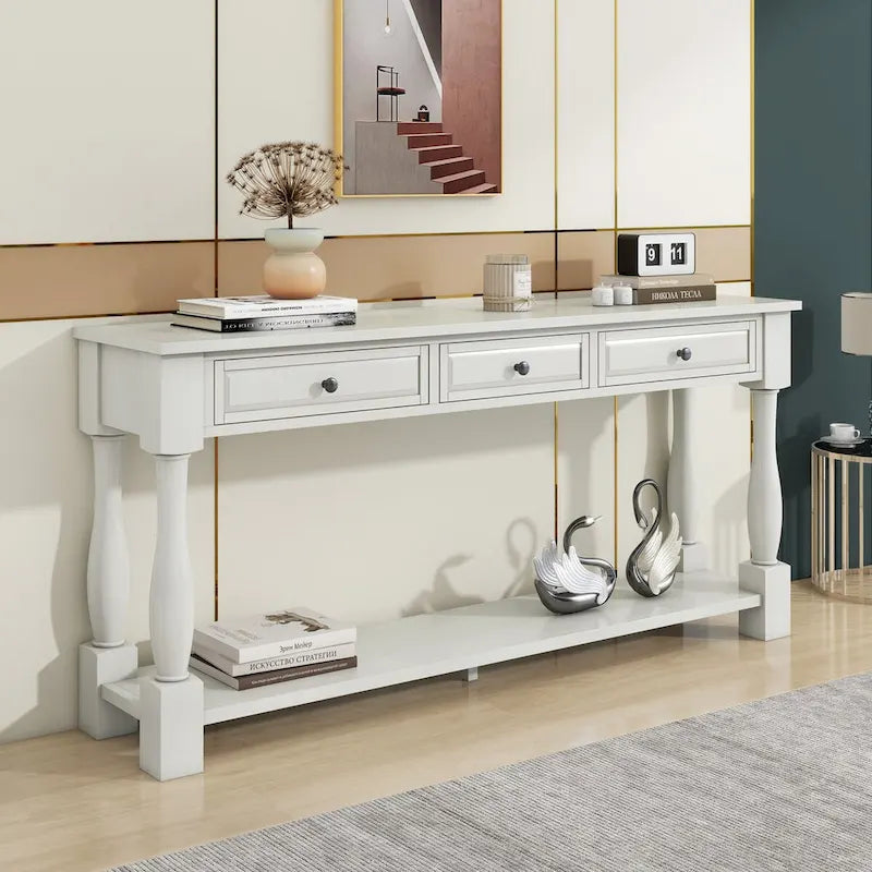 Table console de 63 pouces, longue table de canapé avec tiroirs et étagère, table d'entrée de style campagnard français
