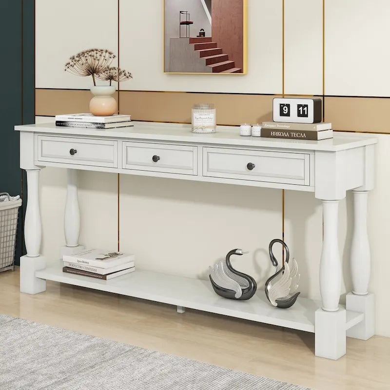 Table console de 63 pouces, longue table de canapé avec tiroirs et étagère, table d'entrée de style campagnard français