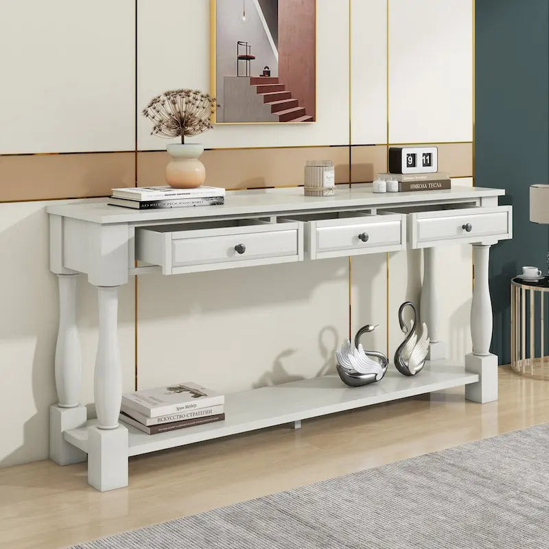 Table console de 63 pouces, longue table de canapé avec tiroirs et étagère, table d'entrée de style campagnard français
