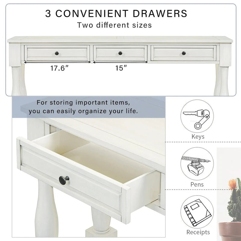 Table console de 63 pouces, longue table de canapé avec tiroirs et étagère, table d'entrée de style campagnard français