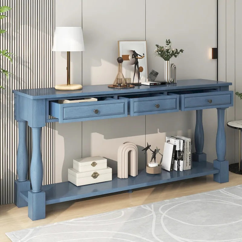 Table console de 63 pouces, longue table de canapé avec tiroirs et étagère, table d'entrée de style campagnard français