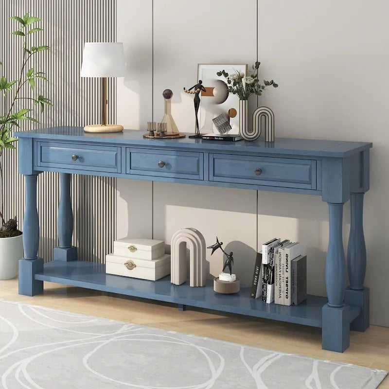 Table console de 63 pouces, longue table de canapé avec tiroirs et étagère, table d'entrée de style campagnard français