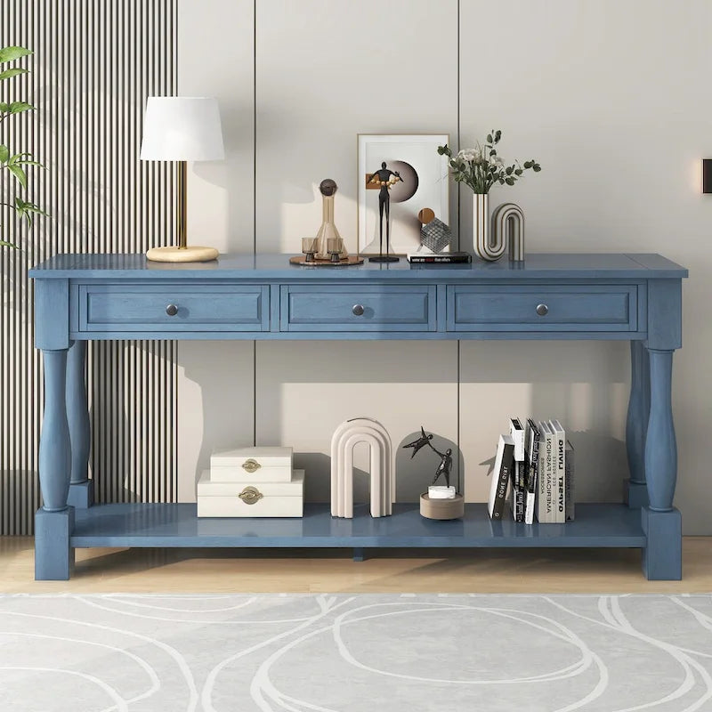 Table console de 63 pouces, longue table de canapé avec tiroirs et étagère, table d'entrée de style campagnard français