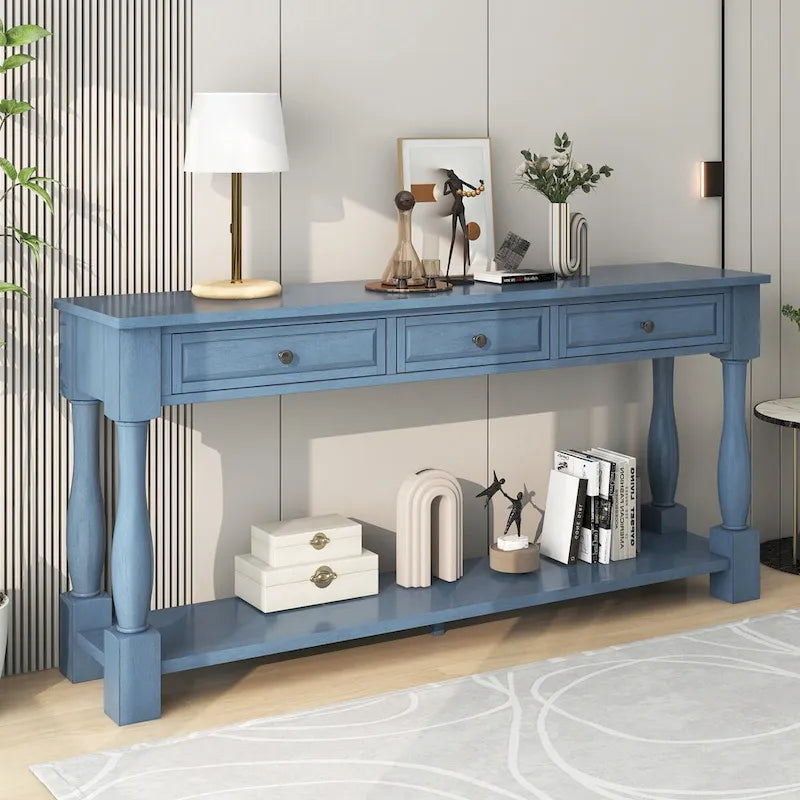 Table console de 63 pouces, longue table de canapé avec tiroirs et étagère, table d'entrée de style campagnard français