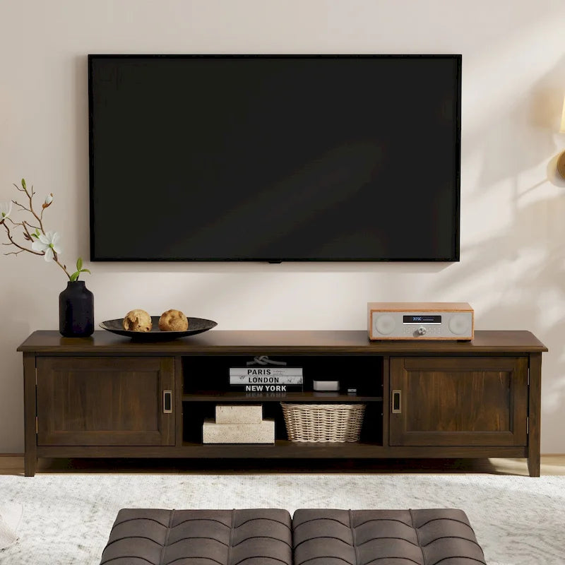 Meuble TV transitionnel en BOIS MASSIF, 72 po de largeur, brun acajou, pour téléviseurs jusqu'à 80 po - 17 po P x 72 po L x 20 po H