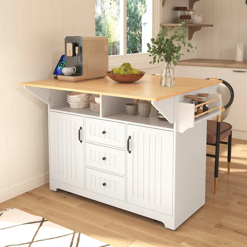 Îlot de cuisine de 55,7 po, 2 placards, desserte de cuisine sur 5 roulettes, prise électrique, table à manger pliante, porte-épices et porte-serviettes, 3 tiroirs