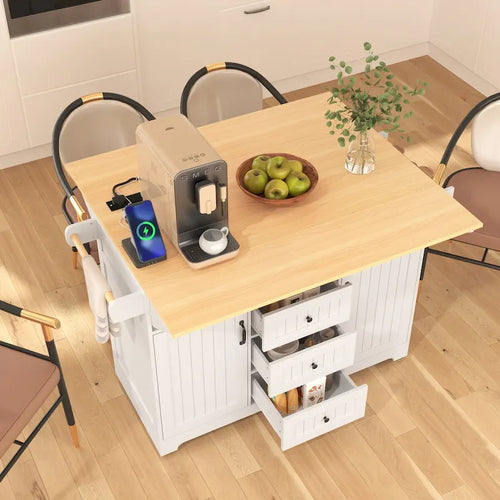 Îlot de cuisine de 55,7 po, 2 placards, desserte de cuisine sur 5 roulettes, prise électrique, table à manger pliante, porte-épices et porte-serviettes, 3 tiroirs