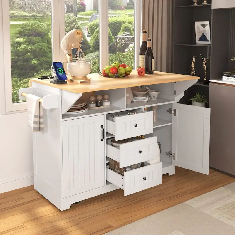 Îlot de cuisine de 55,7 po, 2 placards, desserte de cuisine sur 5 roulettes, prise électrique, table à manger pliante, porte-épices et porte-serviettes, 3 tiroirs