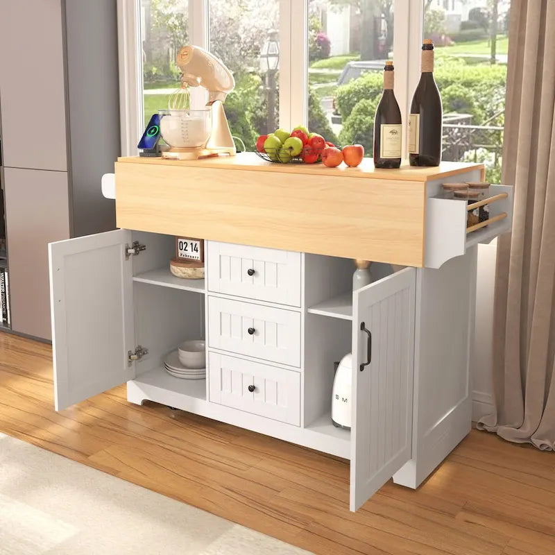 Îlot de cuisine de 55,7 po, 2 placards, desserte de cuisine sur 5 roulettes, prise électrique, table à manger pliante, porte-épices et porte-serviettes, 3 tiroirs