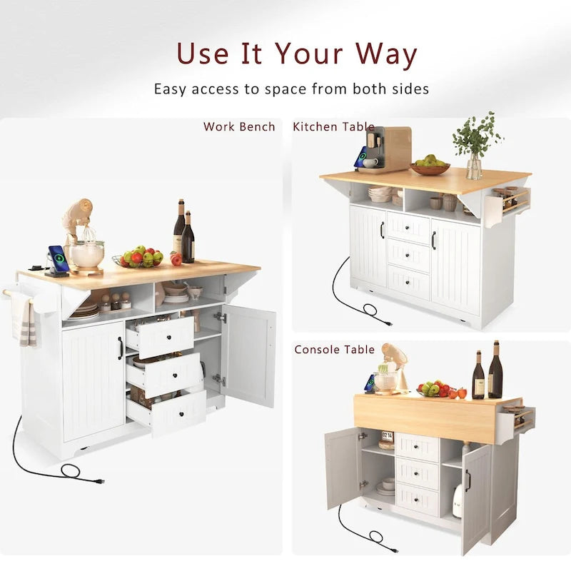 Îlot de cuisine de 55,7 po, 2 placards, desserte de cuisine sur 5 roulettes, prise électrique, table à manger pliante, porte-épices et porte-serviettes, 3 tiroirs