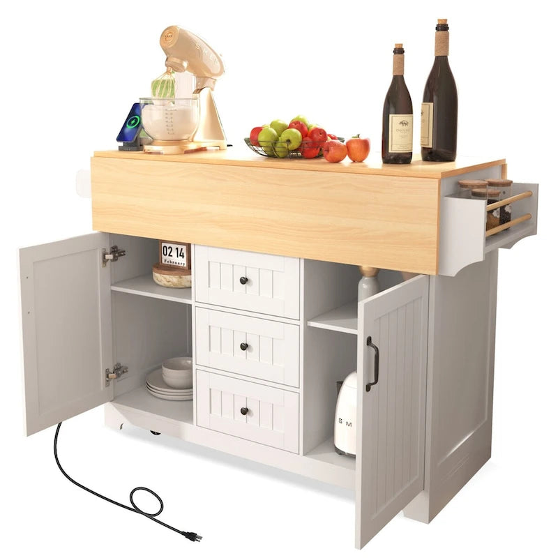 Îlot de cuisine de 55,7 po, 2 placards, desserte de cuisine sur 5 roulettes, prise électrique, table à manger pliante, porte-épices et porte-serviettes, 3 tiroirs