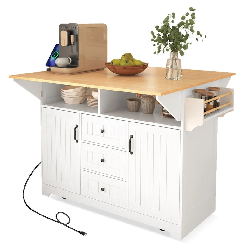 Îlot de cuisine de 55,7 po, 2 placards, desserte de cuisine sur 5 roulettes, prise électrique, table à manger pliante, porte-épices et porte-serviettes, 3 tiroirs