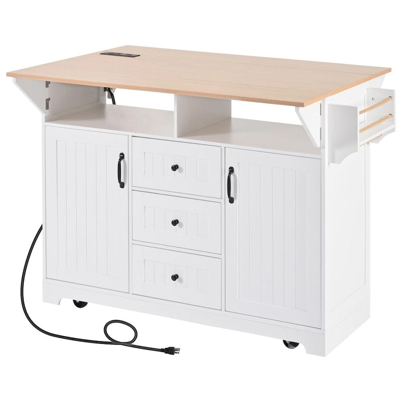 Îlot de cuisine de 55,7 po, 2 placards, desserte de cuisine sur 5 roulettes, prise électrique, table à manger pliante, porte-épices et porte-serviettes, 3 tiroirs
