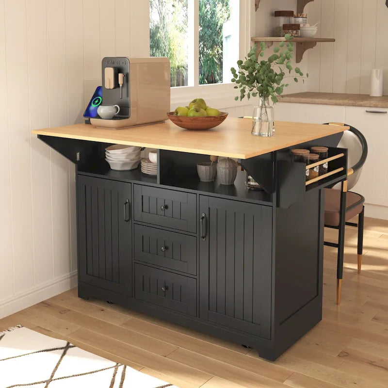 Îlot de cuisine de 55,7 po, 2 placards, desserte de cuisine sur 5 roulettes, prise électrique, table à manger pliante, porte-épices et porte-serviettes, 3 tiroirs