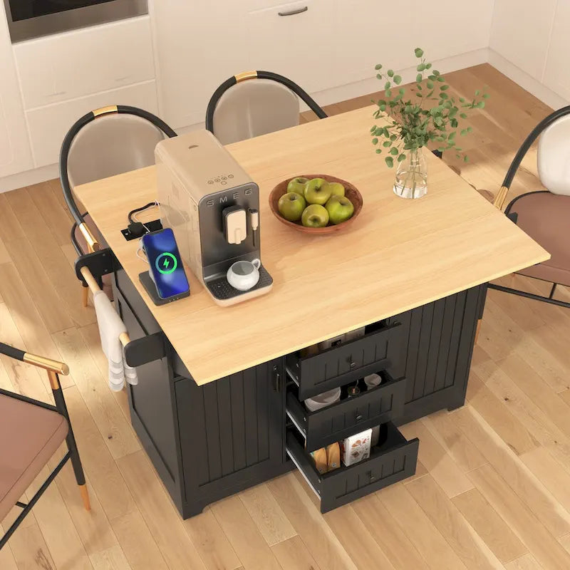 Îlot de cuisine de 55,7 po, 2 placards, desserte de cuisine sur 5 roulettes, prise électrique, table à manger pliante, porte-épices et porte-serviettes, 3 tiroirs