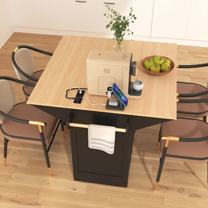 Îlot de cuisine de 55,7 po, 2 placards, desserte de cuisine sur 5 roulettes, prise électrique, table à manger pliante, porte-épices et porte-serviettes, 3 tiroirs