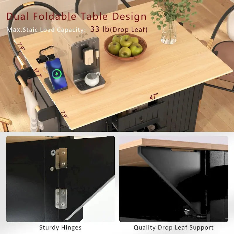 Îlot de cuisine de 55,7 po, 2 placards, desserte de cuisine sur 5 roulettes, prise électrique, table à manger pliante, porte-épices et porte-serviettes, 3 tiroirs