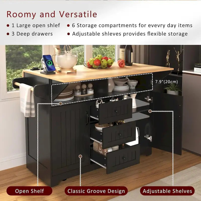 Îlot de cuisine de 55,7 po, 2 placards, desserte de cuisine sur 5 roulettes, prise électrique, table à manger pliante, porte-épices et porte-serviettes, 3 tiroirs