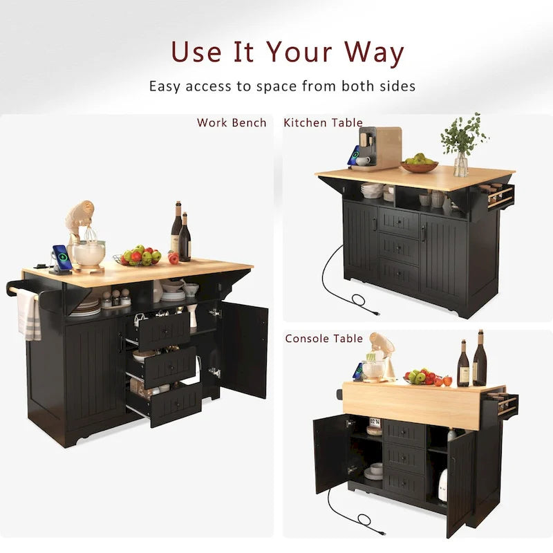 Îlot de cuisine de 55,7 po, 2 placards, desserte de cuisine sur 5 roulettes, prise électrique, table à manger pliante, porte-épices et porte-serviettes, 3 tiroirs
