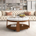 Table basse ottomane ronde moderne grand format, à 2 niveaux, avec capitonnage à boutons et étagère de rangement en bois