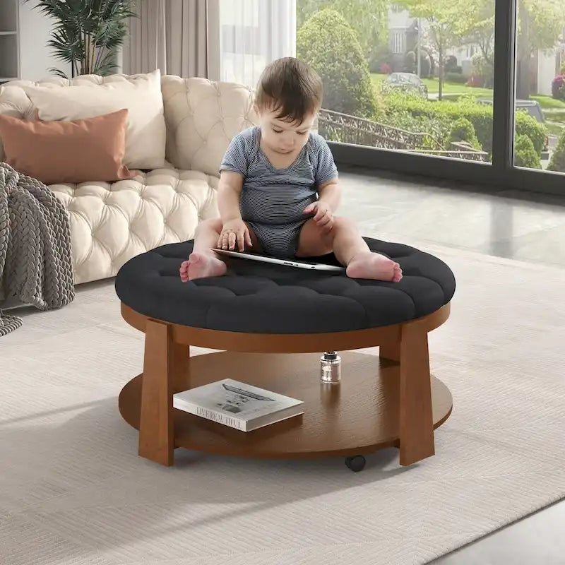 Table basse ottomane ronde moderne grand format, à 2 niveaux, avec capitonnage à boutons et étagère de rangement en bois