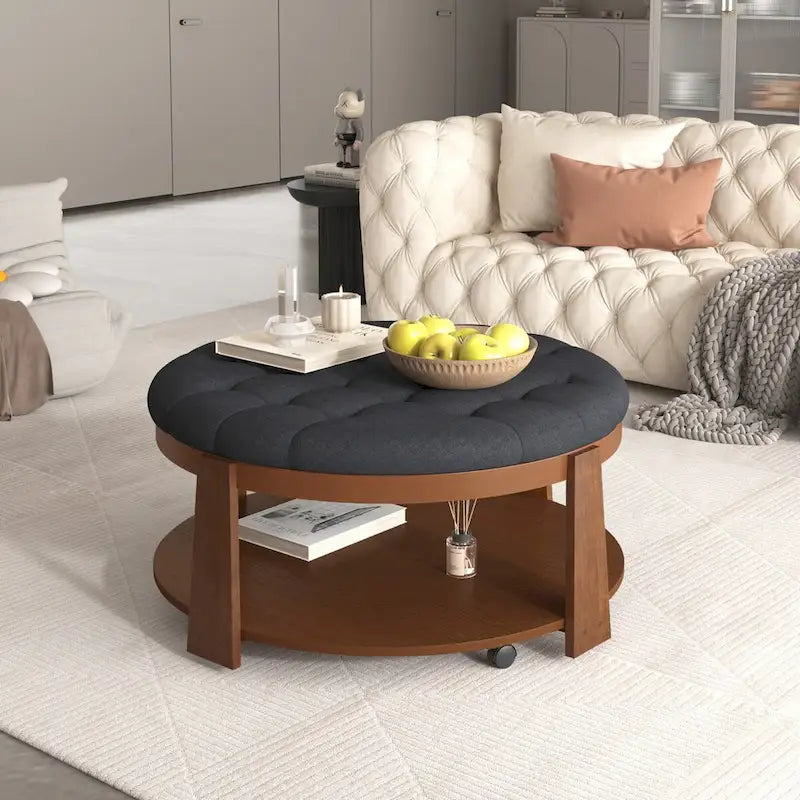 Table basse ottomane ronde moderne grand format, à 2 niveaux, avec capitonnage à boutons et étagère de rangement en bois