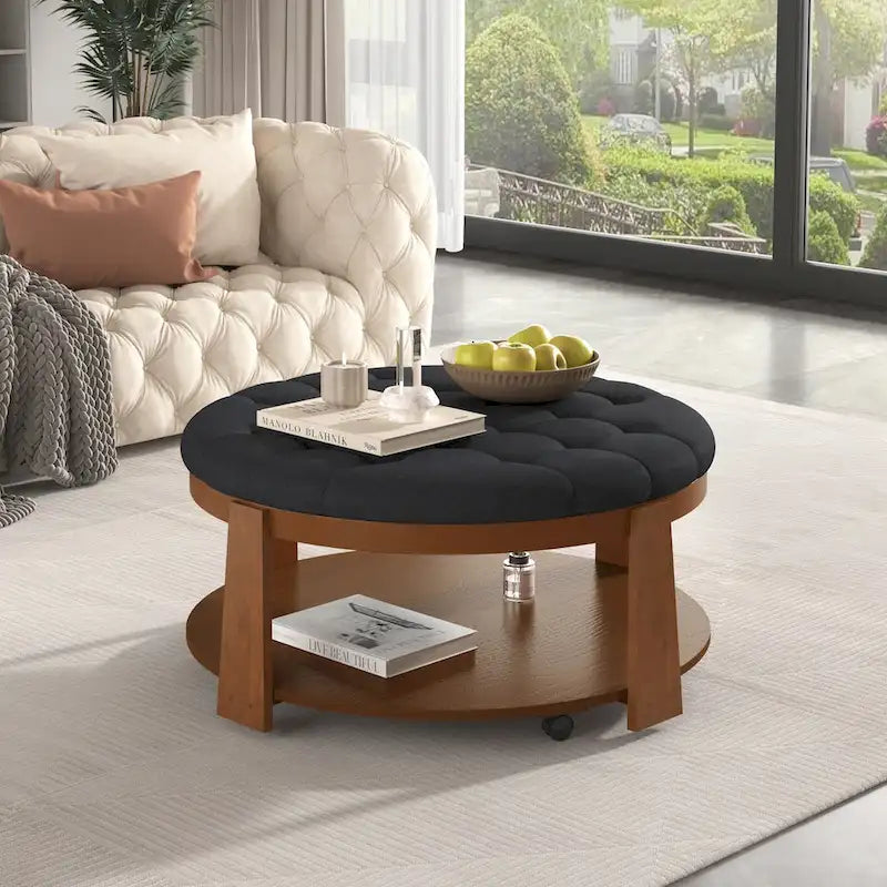Table basse ottomane ronde moderne grand format, à 2 niveaux, avec capitonnage à boutons et étagère de rangement en bois