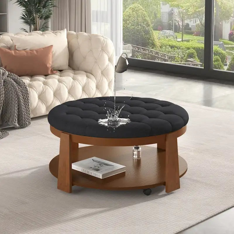 Table basse ottomane ronde moderne grand format, à 2 niveaux, avec capitonnage à boutons et étagère de rangement en bois