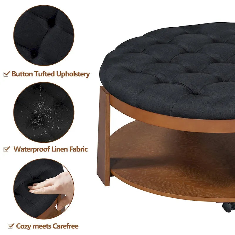 Table basse ottomane ronde moderne grand format, à 2 niveaux, avec capitonnage à boutons et étagère de rangement en bois
