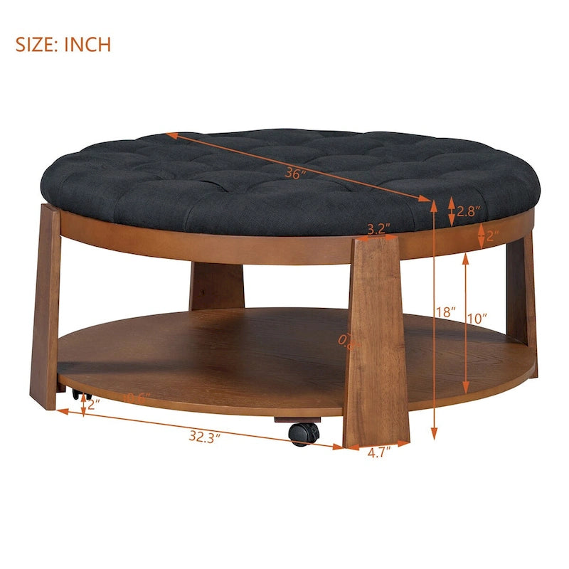 Table basse ottomane ronde moderne grand format, à 2 niveaux, avec capitonnage à boutons et étagère de rangement en bois