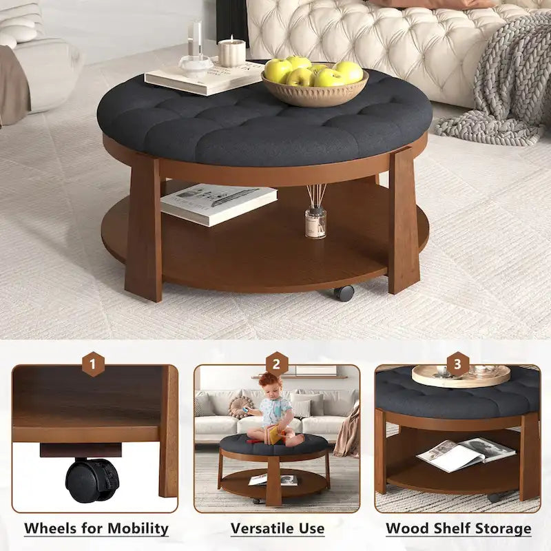 Table basse ottomane ronde moderne grand format, à 2 niveaux, avec capitonnage à boutons et étagère de rangement en bois