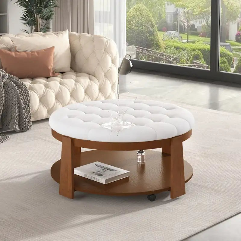 Table basse ottomane ronde moderne grand format, à 2 niveaux, avec capitonnage à boutons et étagère de rangement en bois