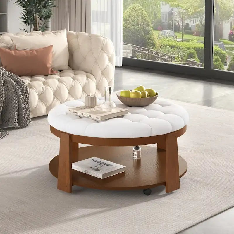 Table basse ottomane ronde moderne grand format, à 2 niveaux, avec capitonnage à boutons et étagère de rangement en bois
