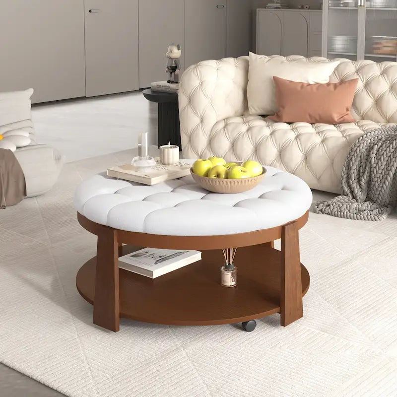 Table basse ottomane ronde moderne grand format, à 2 niveaux, avec capitonnage à boutons et étagère de rangement en bois