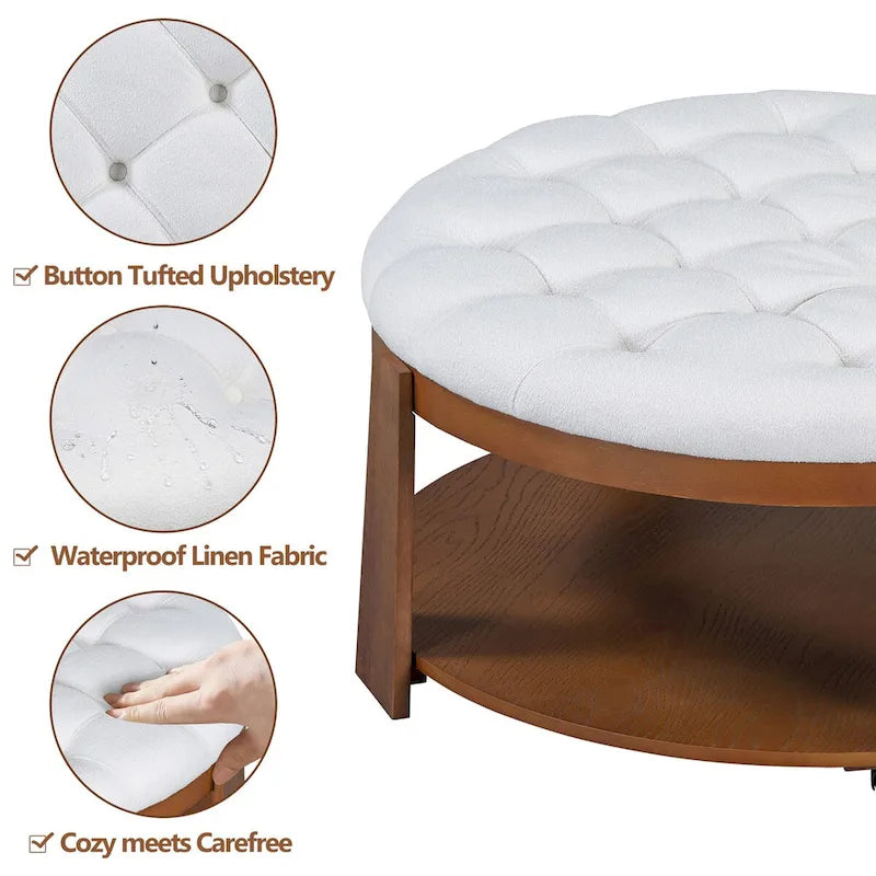 Table basse ottomane ronde moderne grand format, à 2 niveaux, avec capitonnage à boutons et étagère de rangement en bois