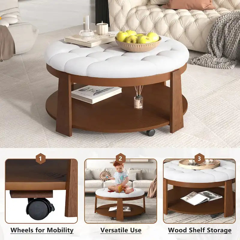 Table basse ottomane ronde moderne grand format, à 2 niveaux, avec capitonnage à boutons et étagère de rangement en bois