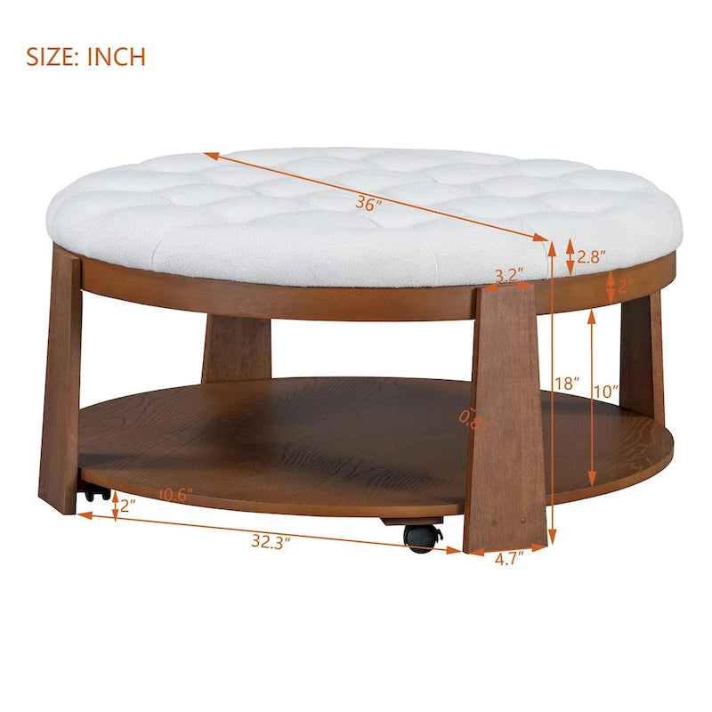 Table basse ottomane ronde moderne grand format, à 2 niveaux, avec capitonnage à boutons et étagère de rangement en bois